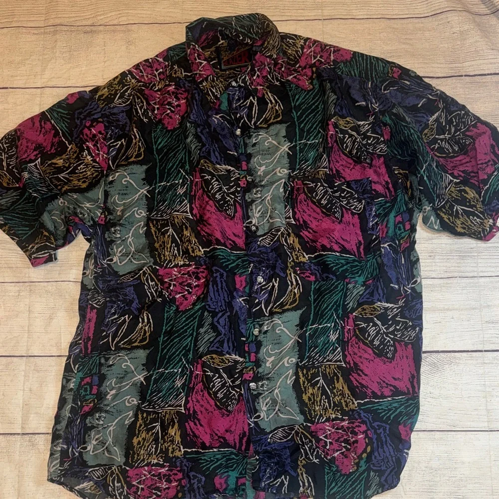 Vtg Blazer Silk Shirt M Pink Black 90s Button - Picture 1 of 2